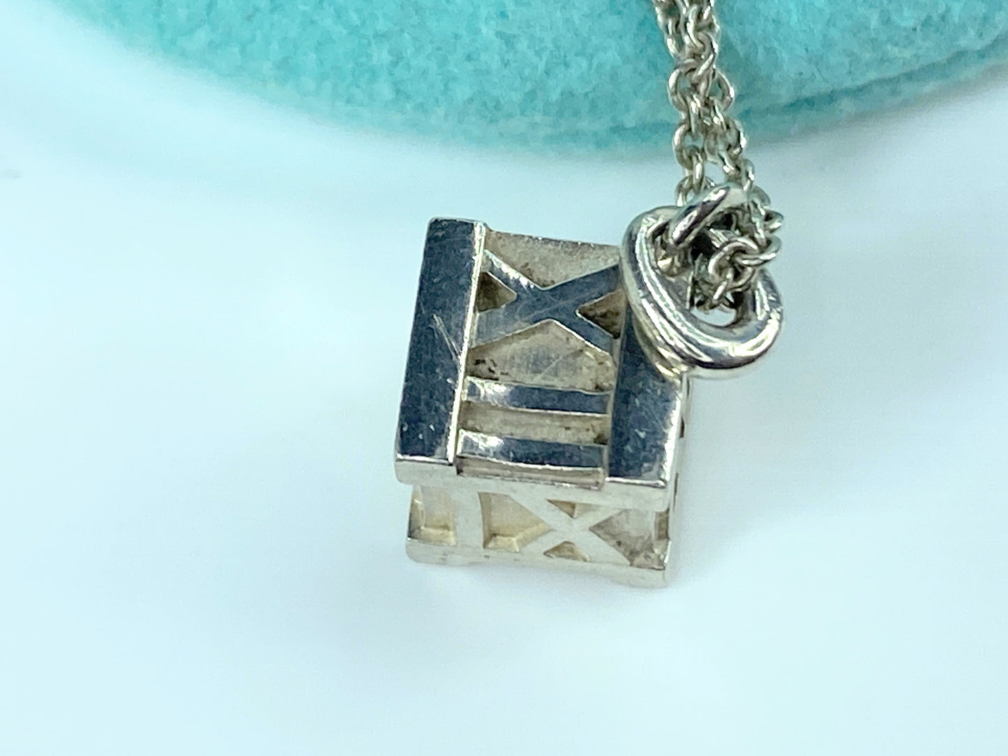 Tiffany & Co Atlas Silver Roman Numerals Square Cube Pendant Necklace JR9723