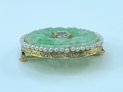 Appraised $6,995 14K 1.0ct G/Si Old Euro Cut diamond Jadeite cabochon Pearl brooch