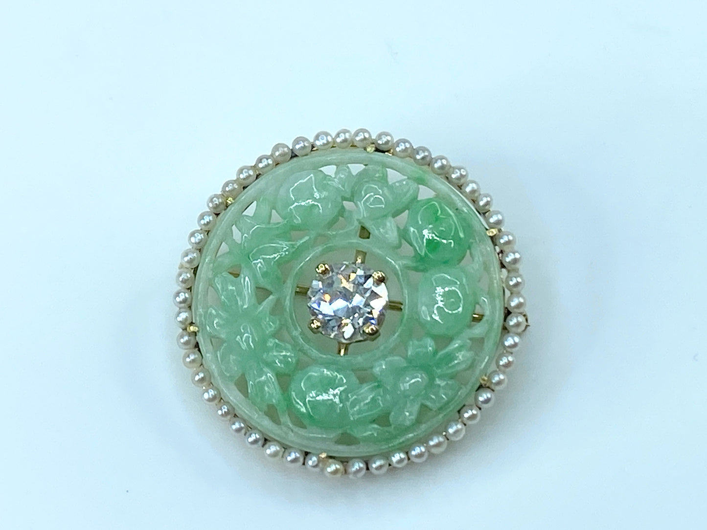 Appraised $6,995 14K 1.0ct G/Si Old Euro Cut diamond Jadeite cabochon Pearl brooch