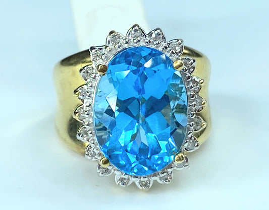 London Blue Oval Topaz 14K Yellow Gold Diamond Ring 7.5g s6 JR9070