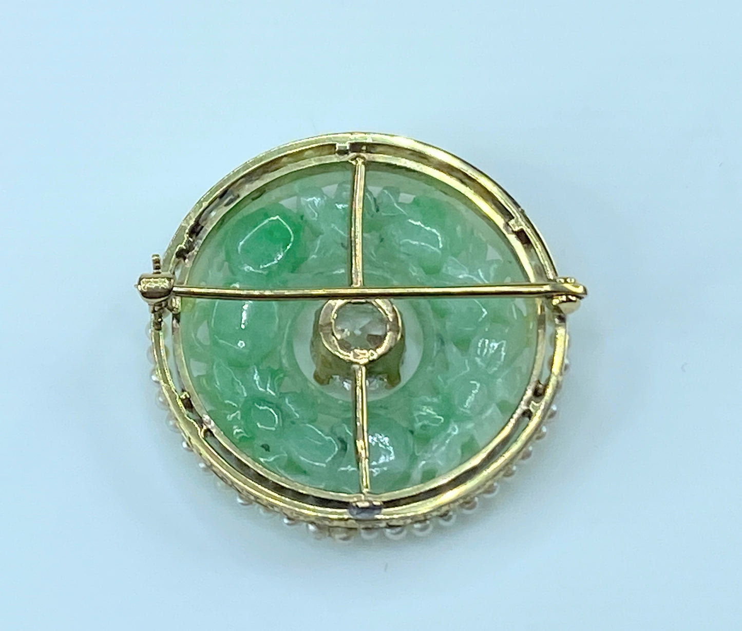 Appraised $6,995 14K 1.0ct G/Si Old Euro Cut diamond Jadeite cabochon Pearl brooch