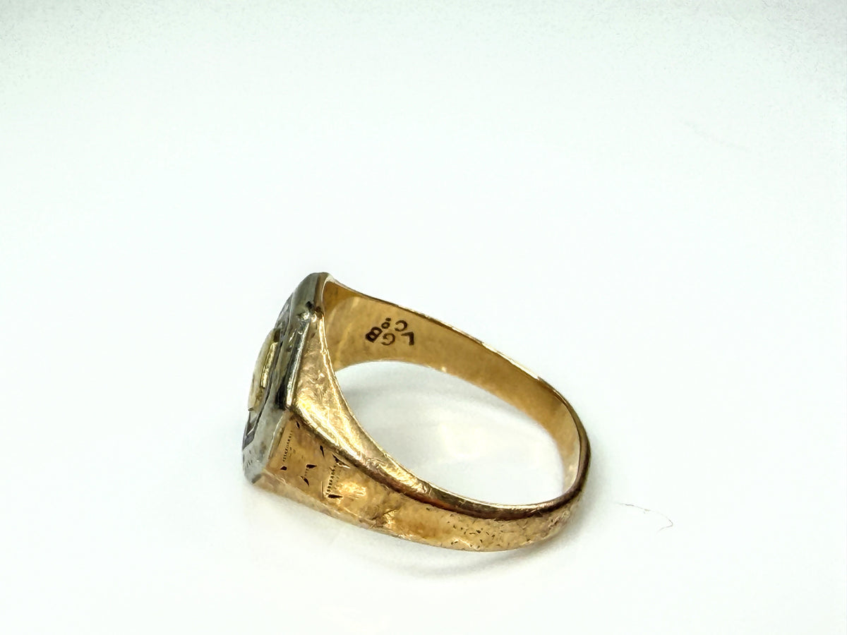 Antique 10K Two-tone Gold Black Enamel Octagonal Signet Ring Size 5.25 JR2206