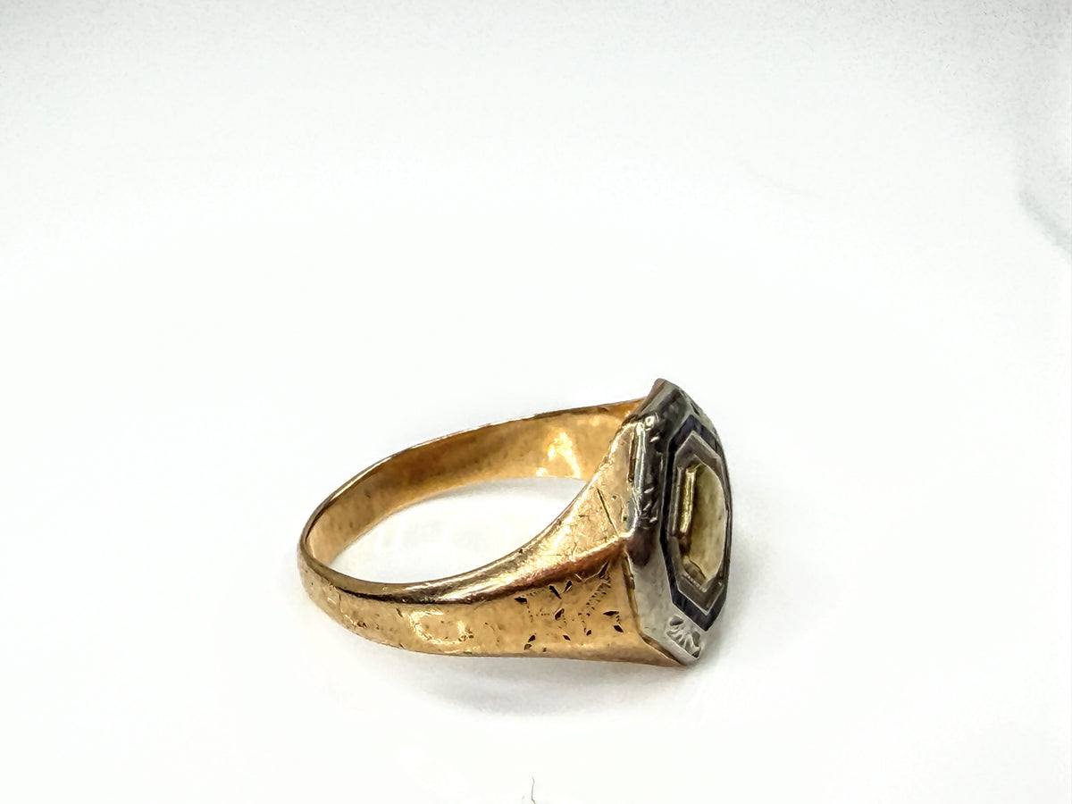 Antique 10K Two-tone Gold Black Enamel Octagonal Signet Ring Size 5.25 JR2206