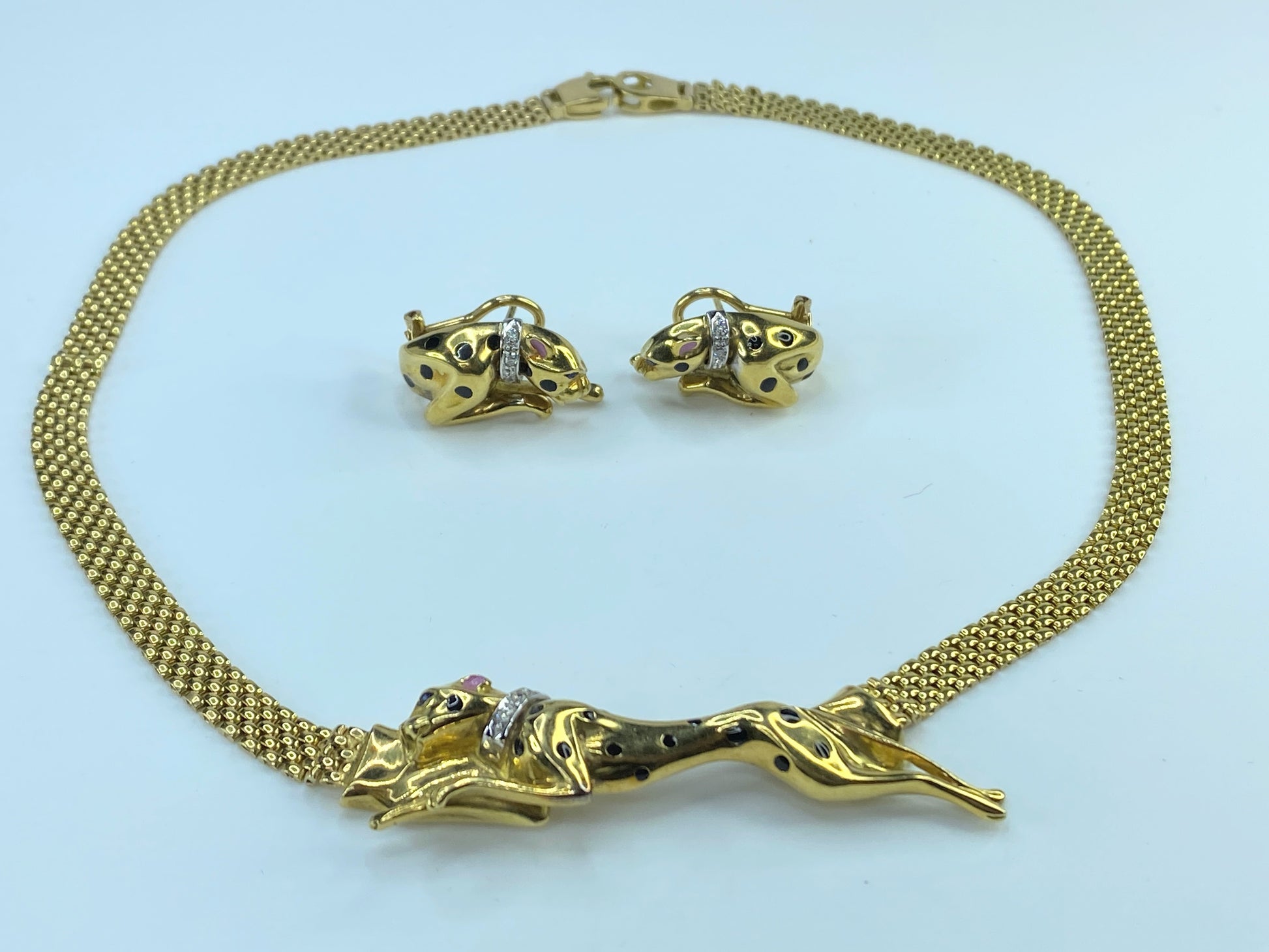 Italy Designer 18K gold enamel diamond Running Panther motif suite