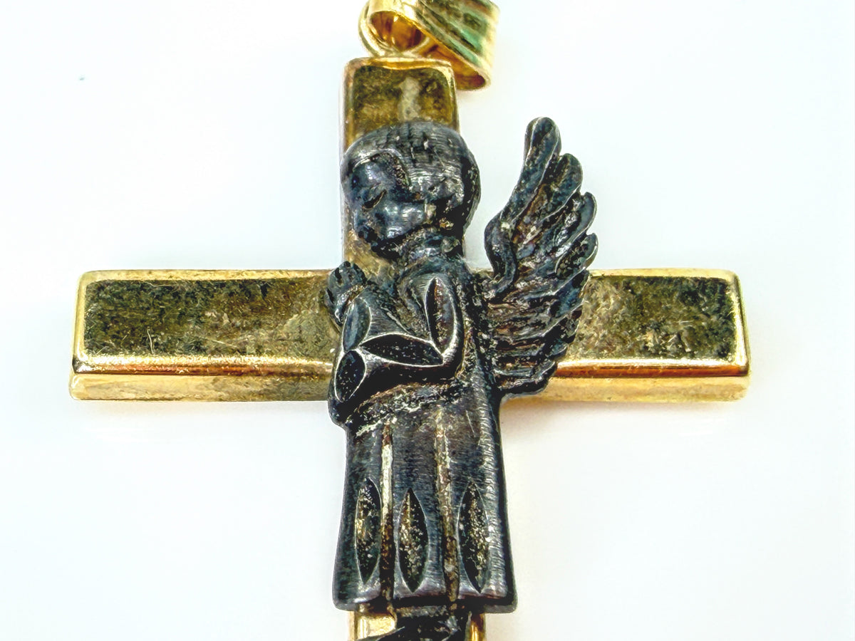 Vintage 14K Gold Sterling Silver Praying Angel Cross Pendant 1.7g 1.5"JR2208