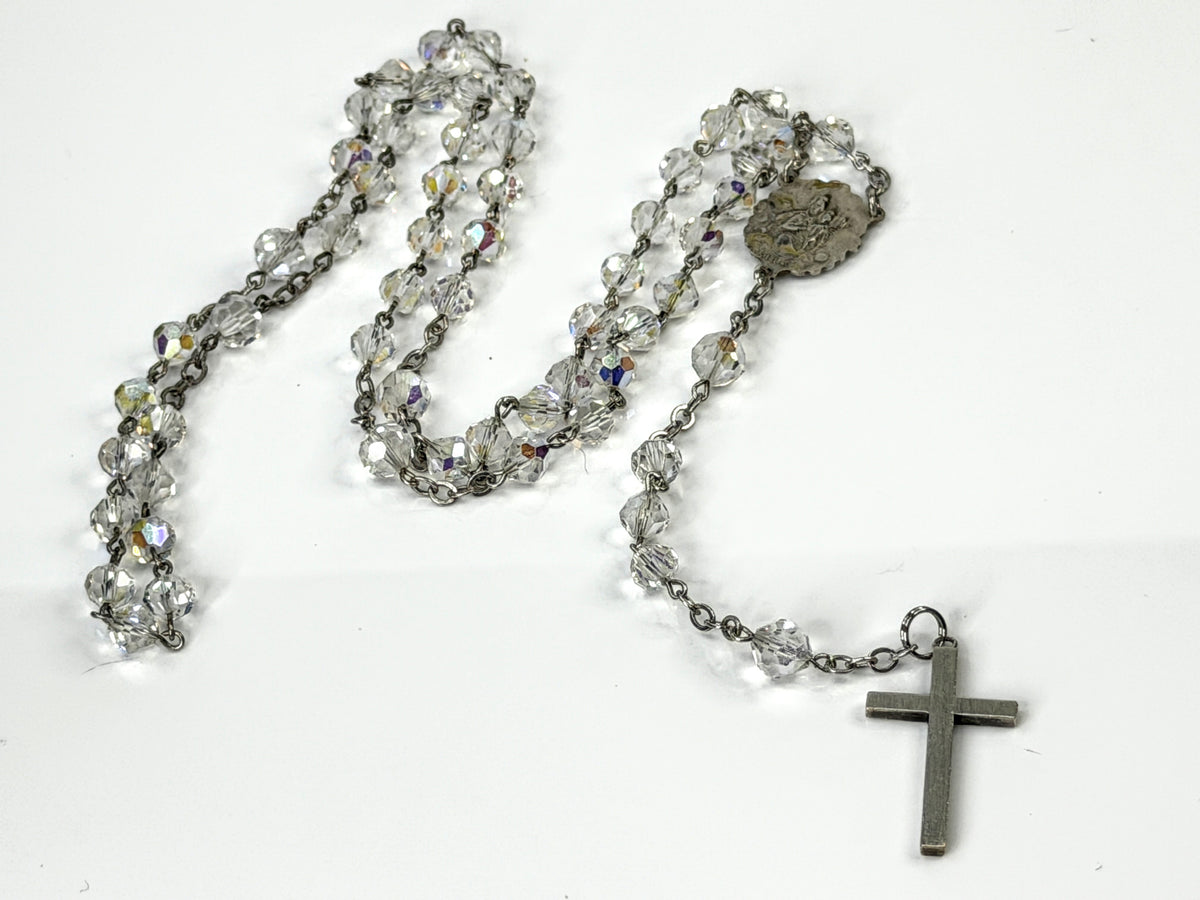 Vintage Sterling Silver 6.0mm Aurora Borealis Crystal Rosary 25"Catholic JR2209