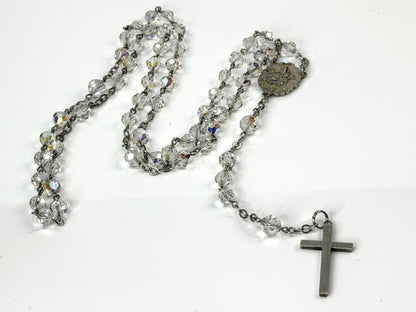 Vintage Sterling Silver 6.0mm Aurora Borealis Crystal Rosary 25"Catholic JR2209