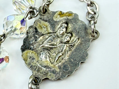 Vintage Sterling Silver 6.0mm Aurora Borealis Crystal Rosary 25"Catholic JR2209