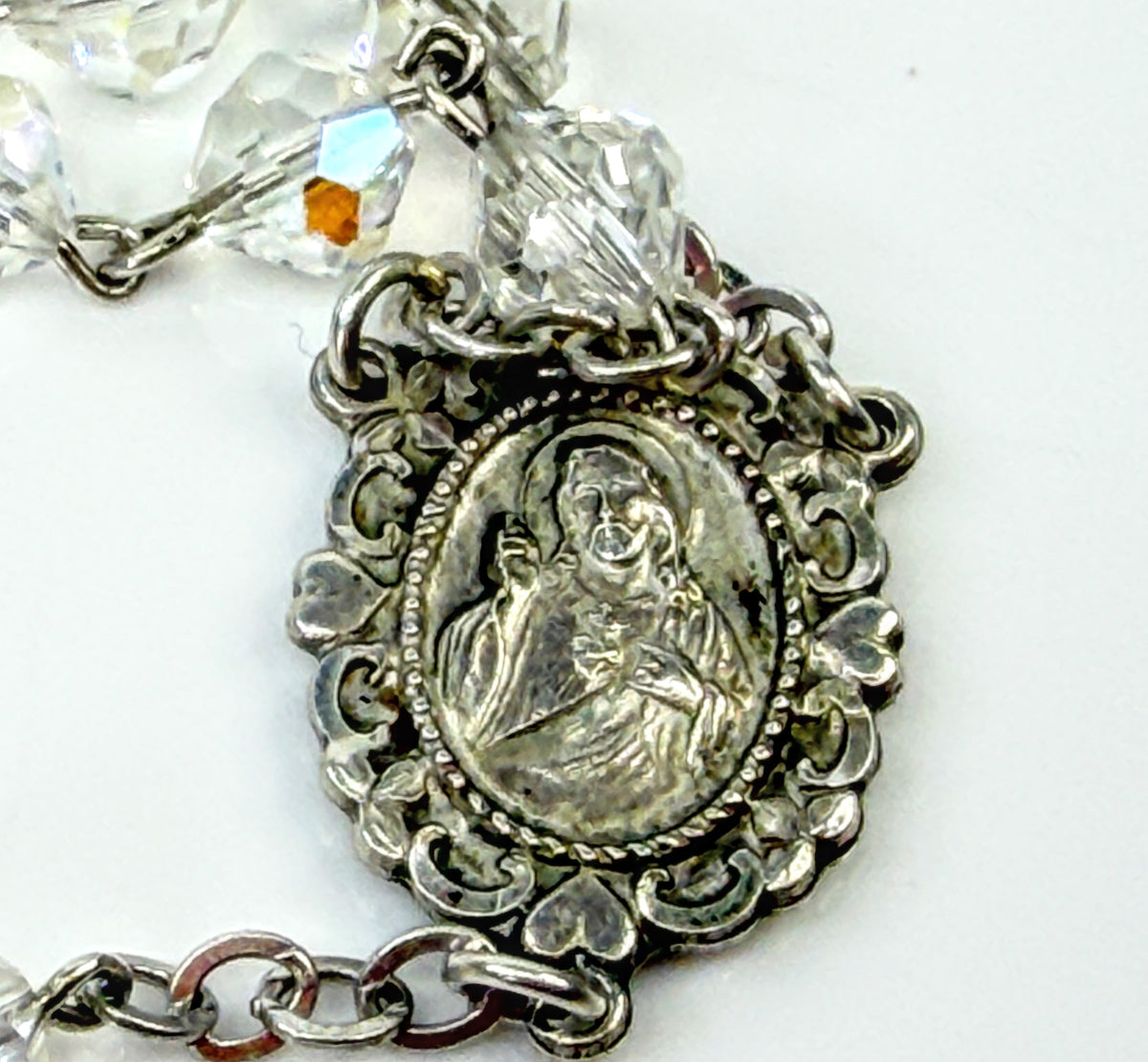 Vintage Sterling Silver 6.0mm Aurora Borealis Crystal Rosary 25"Catholic JR2209