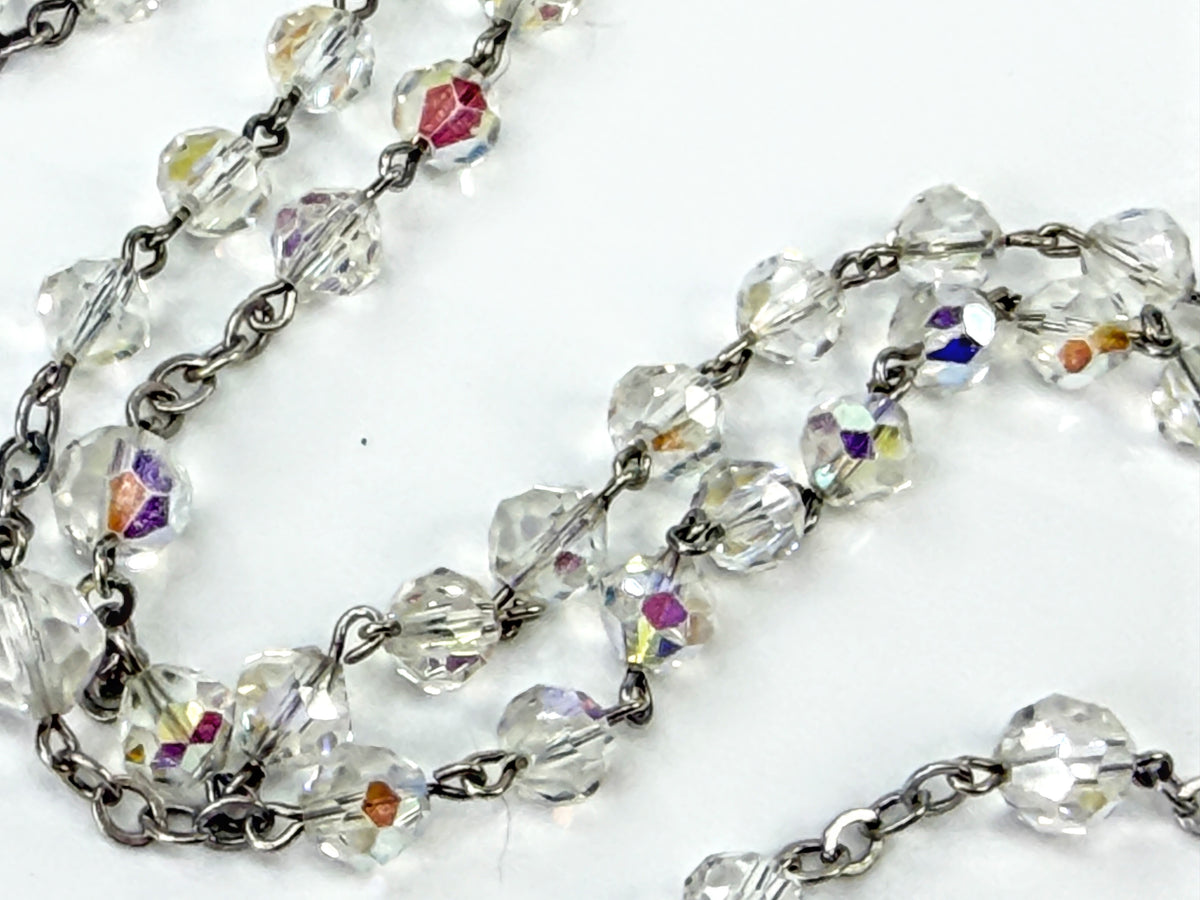 Vintage Sterling Silver 6.0mm Aurora Borealis Crystal Rosary 25"Catholic JR2209