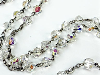 Vintage Sterling Silver 6.0mm Aurora Borealis Crystal Rosary 25"Catholic JR2209