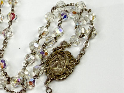 Vintage Sterling Silver 6.0mm Aurora Borealis Crystal Rosary 25"Catholic JR2209