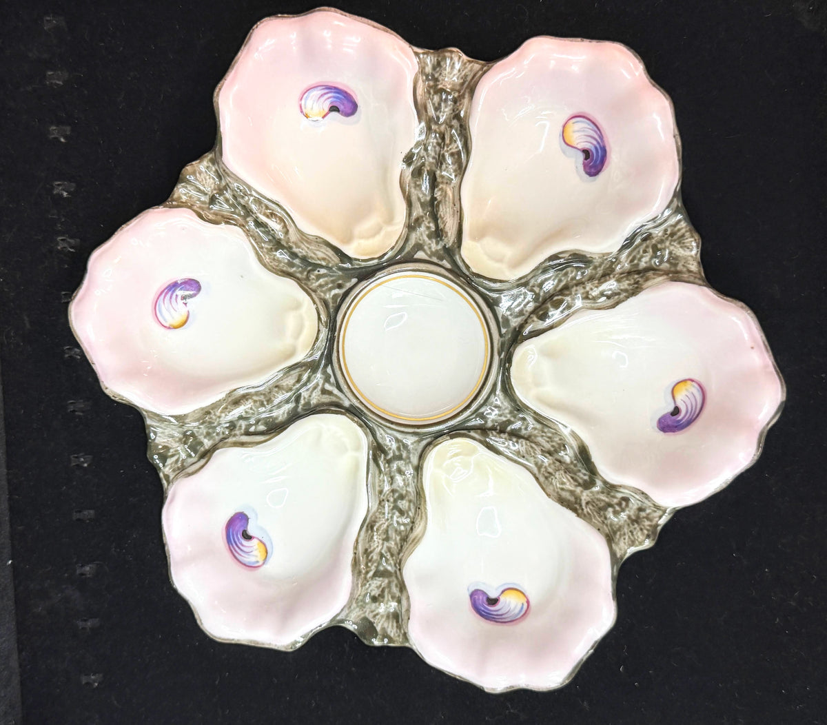 Antique French Porcelain 6-Well Oyster Plate Pink Shells c1890 A1239