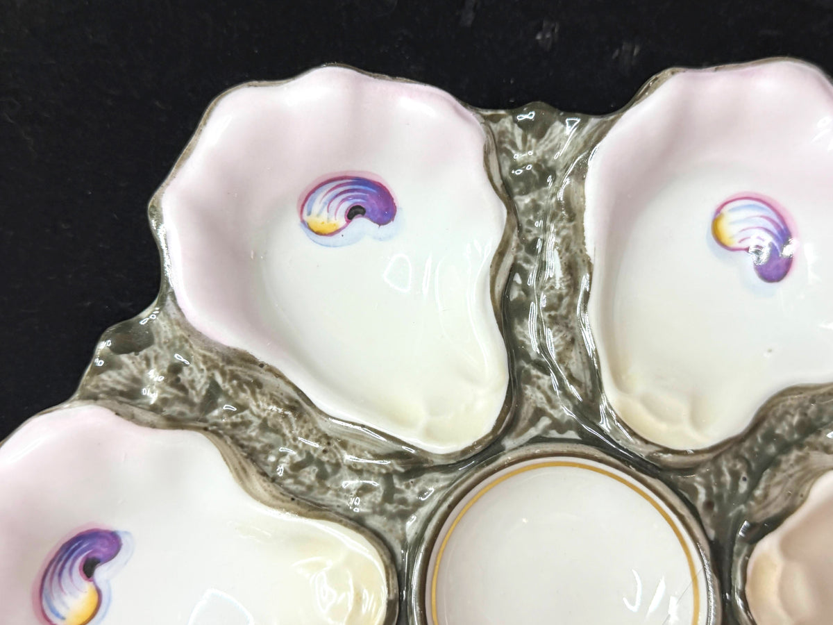 Antique French Porcelain 6-Well Oyster Plate Pink Shells c1890 A1239