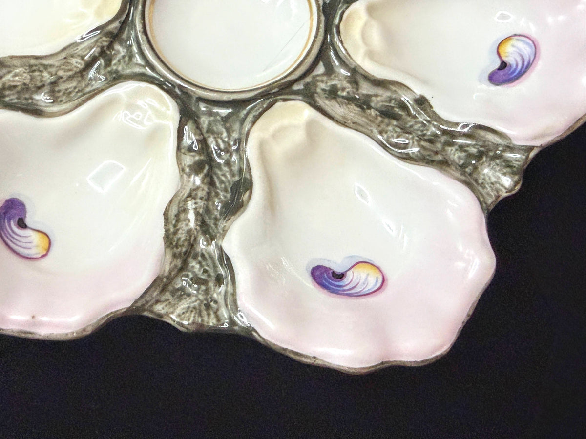 Antique French Porcelain 6-Well Oyster Plate Pink Shells c1890 A1239