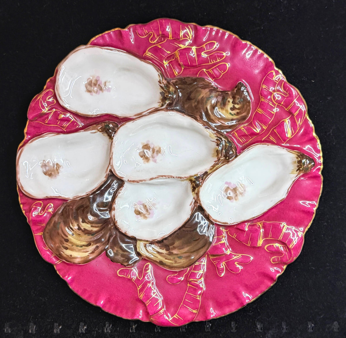 Antique Haviland Limoges Turkey Oyster Plate Raspberry Pink Gold A1240