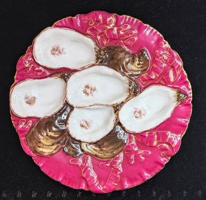 Antique Haviland Limoges Turkey Oyster Plate Raspberry Pink Gold A1240