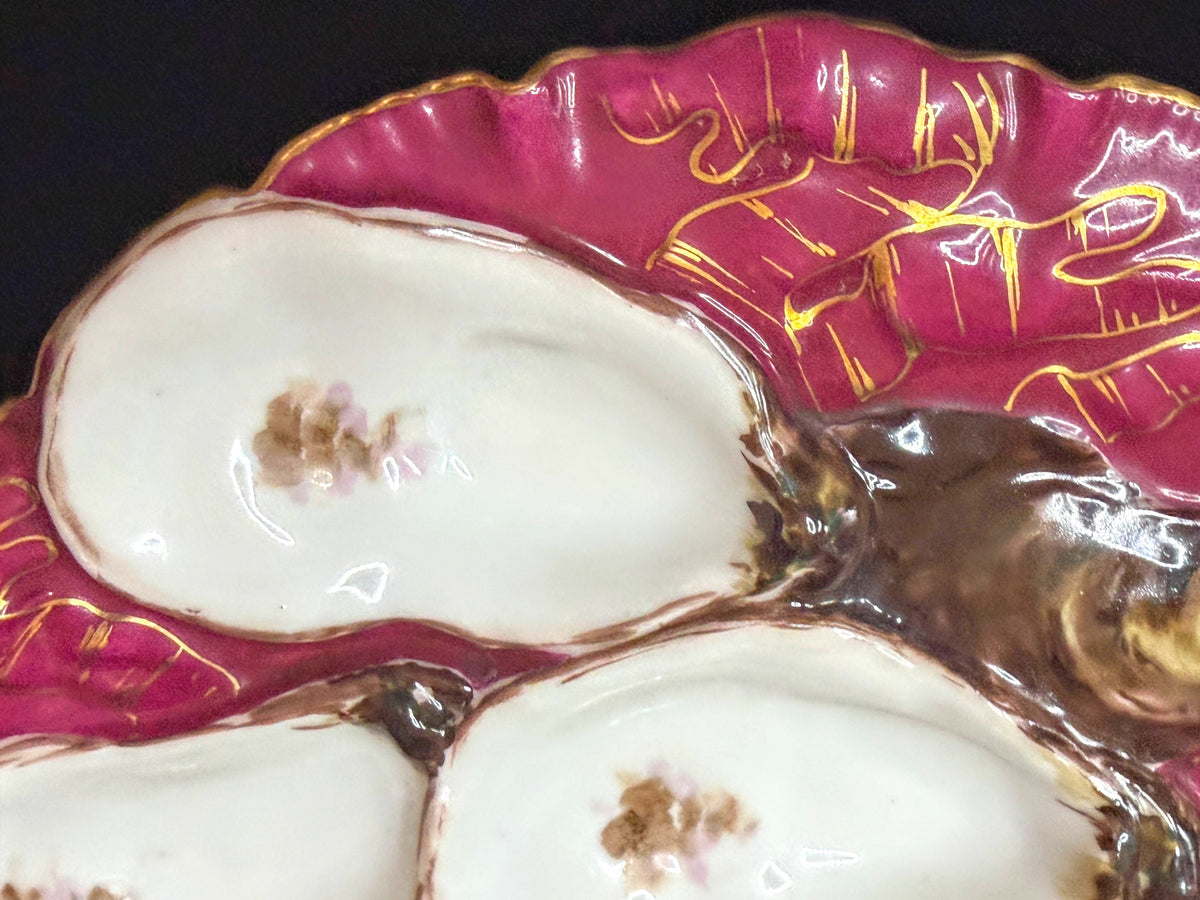 Antique Haviland Limoges Turkey Oyster Plate Raspberry Pink Gold A1240