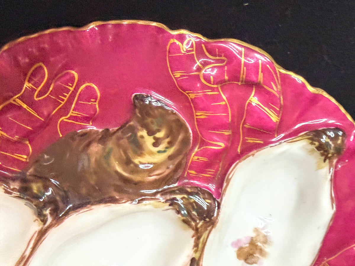 Antique Haviland Limoges Turkey Oyster Plate Raspberry Pink Gold A1240