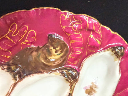 Antique Haviland Limoges Turkey Oyster Plate Raspberry Pink Gold A1240