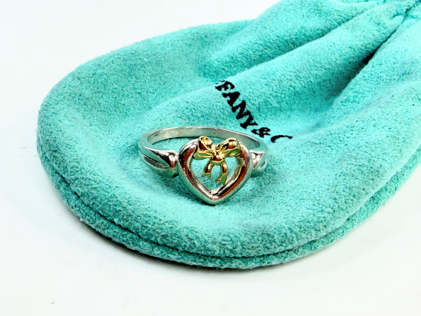 Tiffany & Co. Elsa Peretti Sterling 18K Heart Bow Ring sz7 JR1417