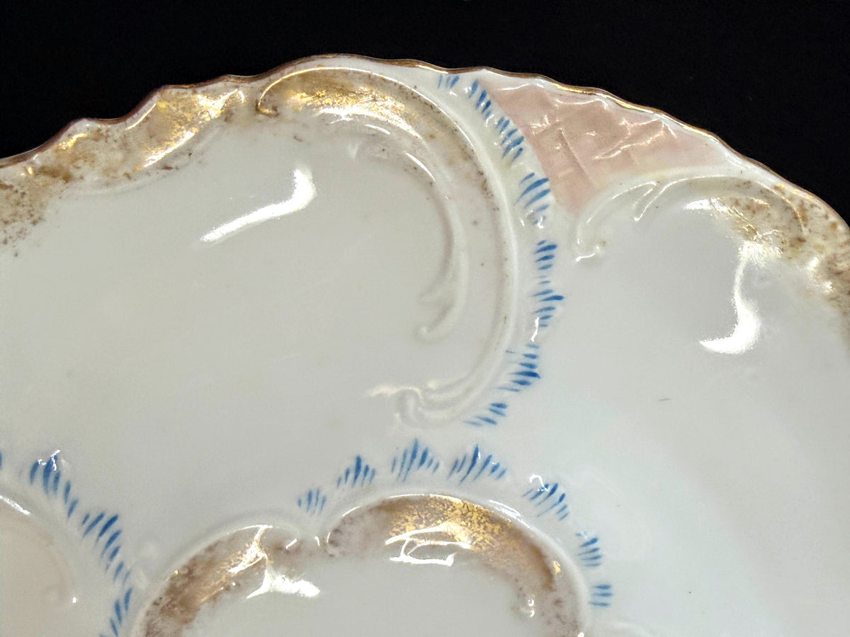 Antique Oyster Plate Pink & Blue Gilt Five Wells Porcelain 8.25" A1242