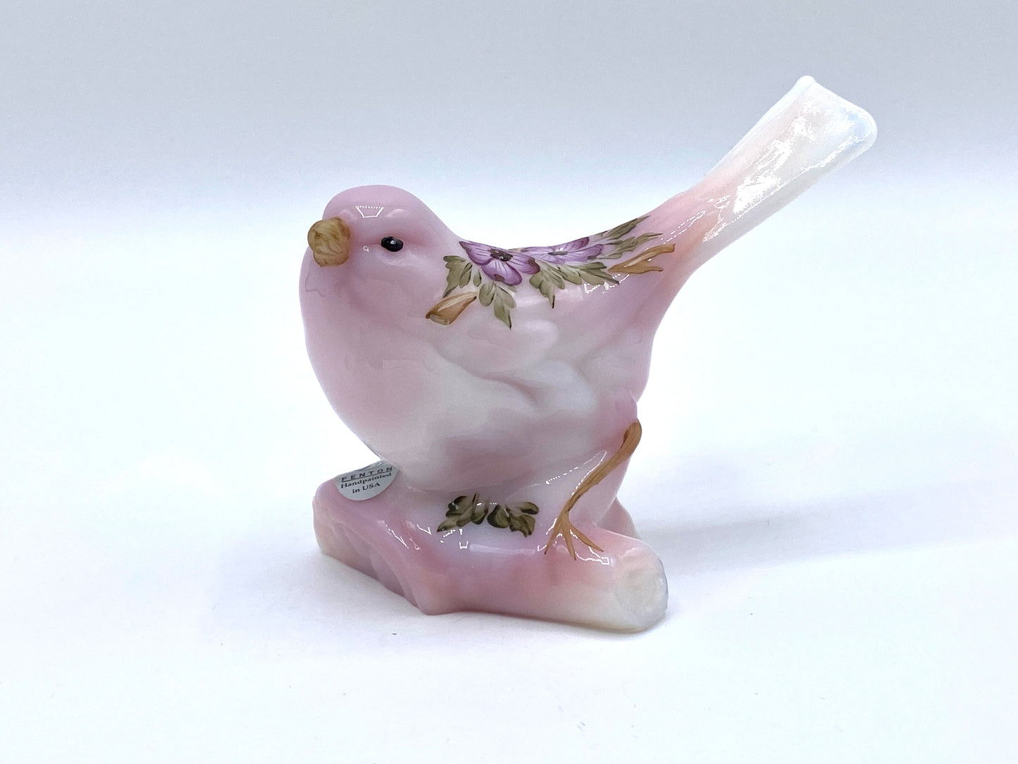 Fenton Rosalie Robin bird on log lavender flower signed S Dober