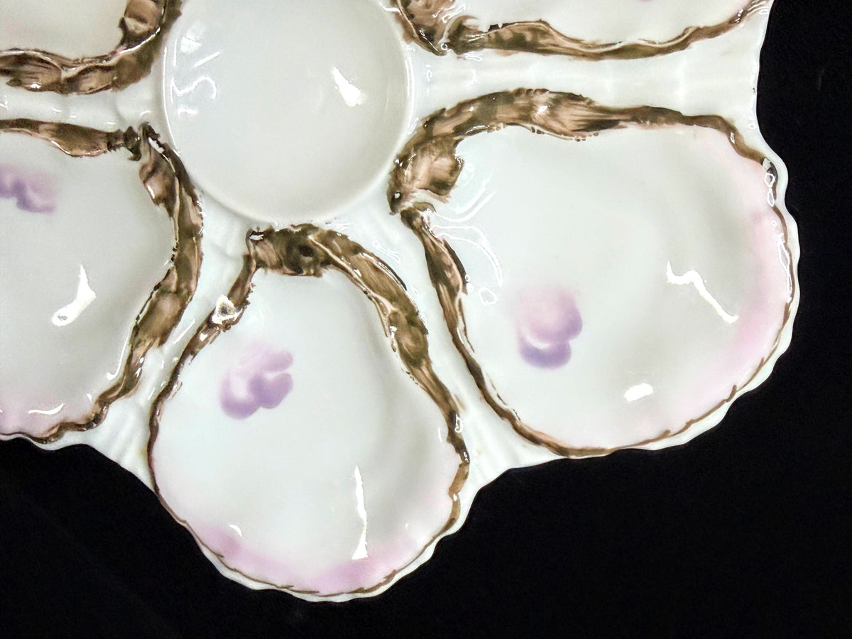 Antique Haviland Limoges 6-Well Oyster Plate Pink & Purple Floral A1243