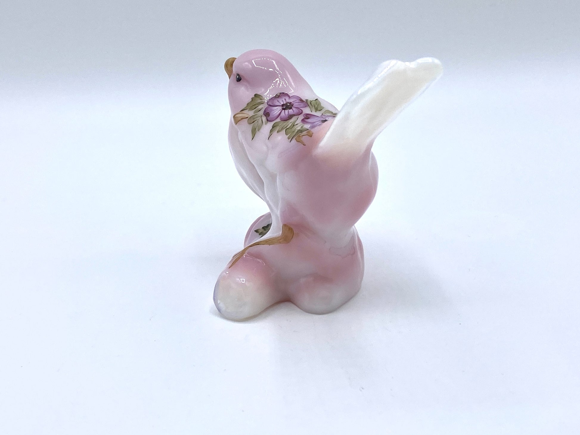 Fenton Rosalie Robin bird on log lavender flower signed S Dober