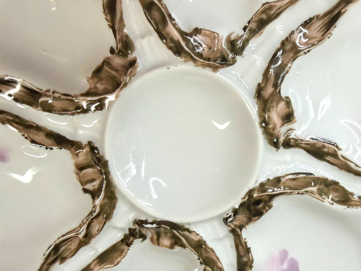 Antique Haviland Limoges 6-Well Oyster Plate Pink & Purple Floral A1243