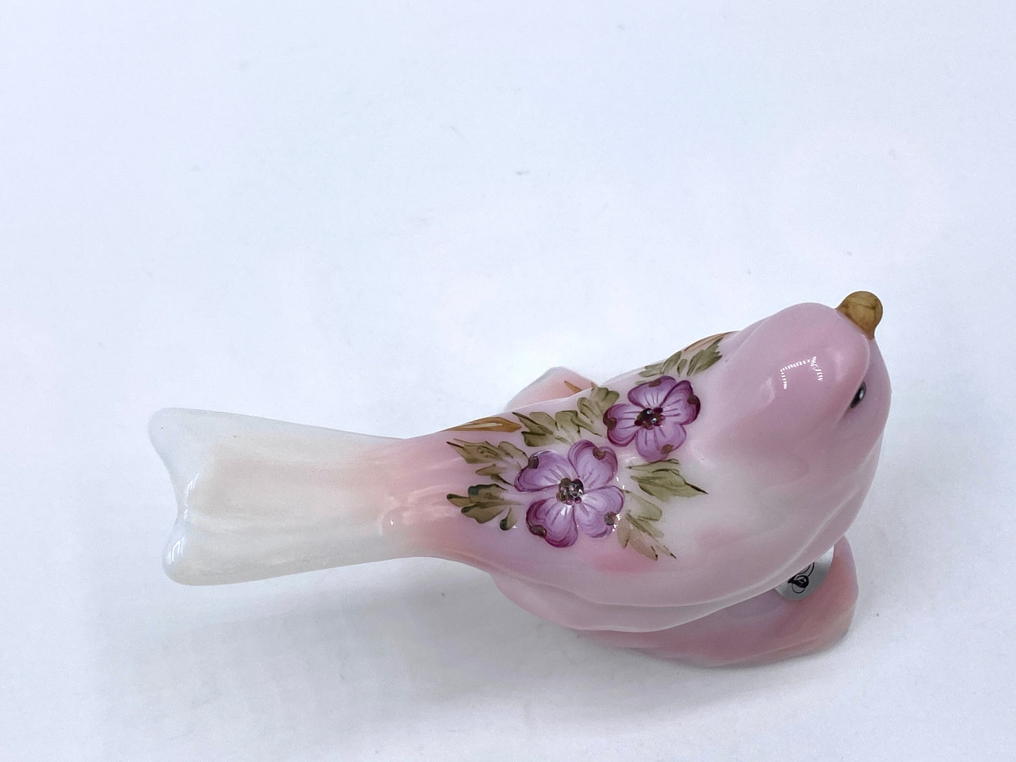 Fenton Rosalie Robin bird on log lavender flower signed S Dober