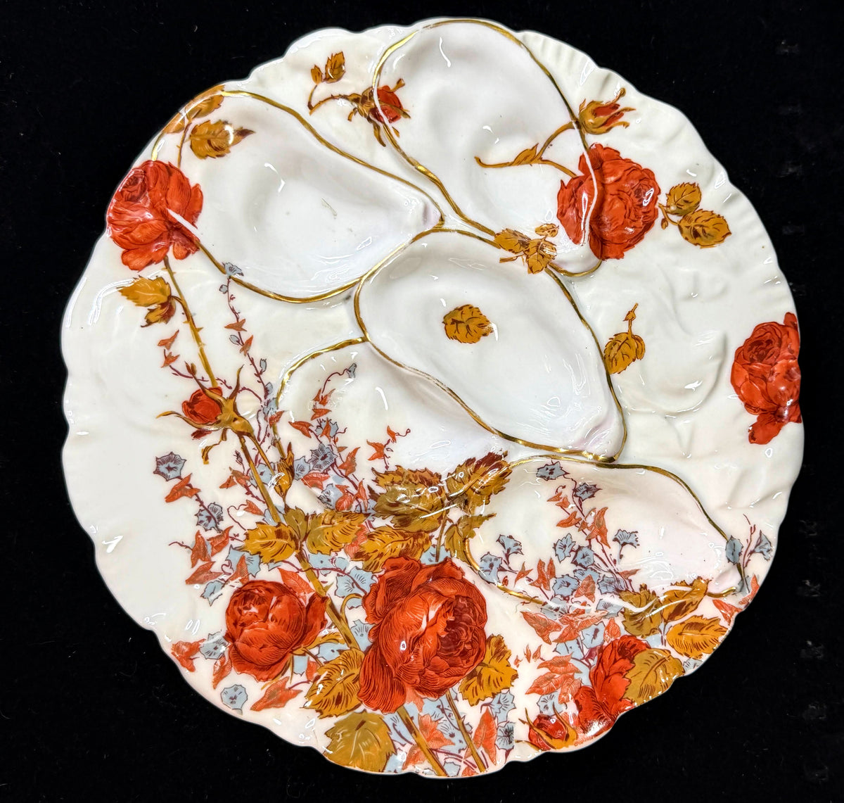 Antique Haviland Limoges Oyster Plate Red Roses Gold Gilt D.B. Bedell 8.785"A124