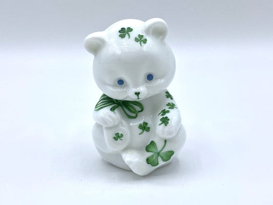 Fenton Milk White glass Bear Figurine Irish Green Shamrocks S Enoch