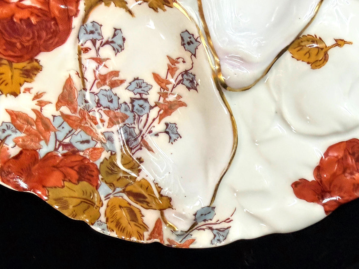 Antique Haviland Limoges Oyster Plate Red Roses Gold Gilt D.B. Bedell 8.785"A124
