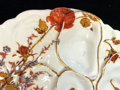 Antique Haviland Limoges Oyster Plate Red Roses Gold Gilt D.B. Bedell 8.785"A124