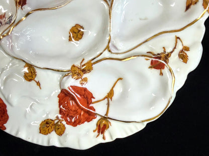 Antique Haviland Limoges Oyster Plate Red Roses Gold Gilt D.B. Bedell 8.785"A124