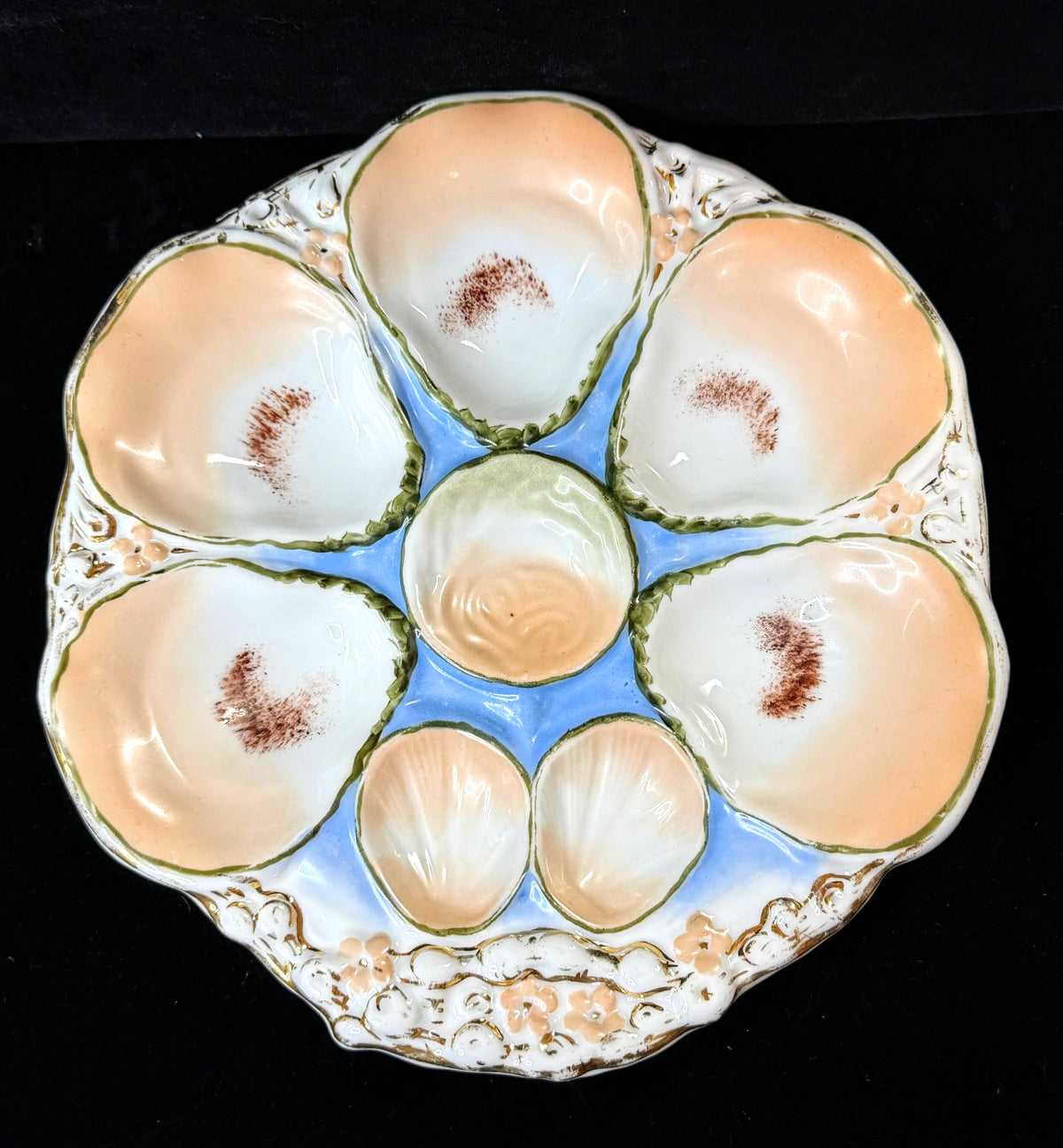 Antique Carl Tielsch CT Germany 6-Well Oyster Plate Peach Blue 9.5" Mint A1245