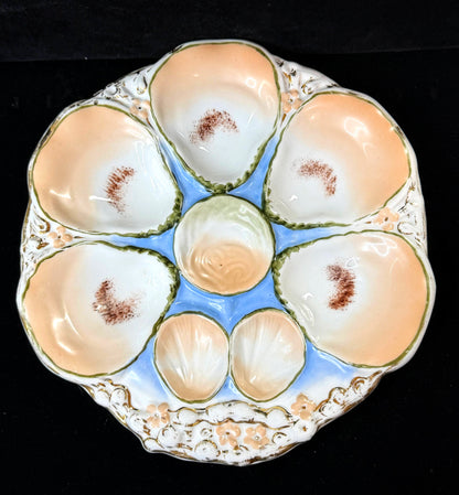 Antique Carl Tielsch CT Germany 6-Well Oyster Plate Peach Blue 9.5" Mint A1245