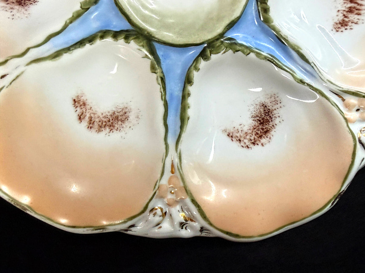 Antique Carl Tielsch CT Germany 6-Well Oyster Plate Peach Blue 9.5" Mint A1245