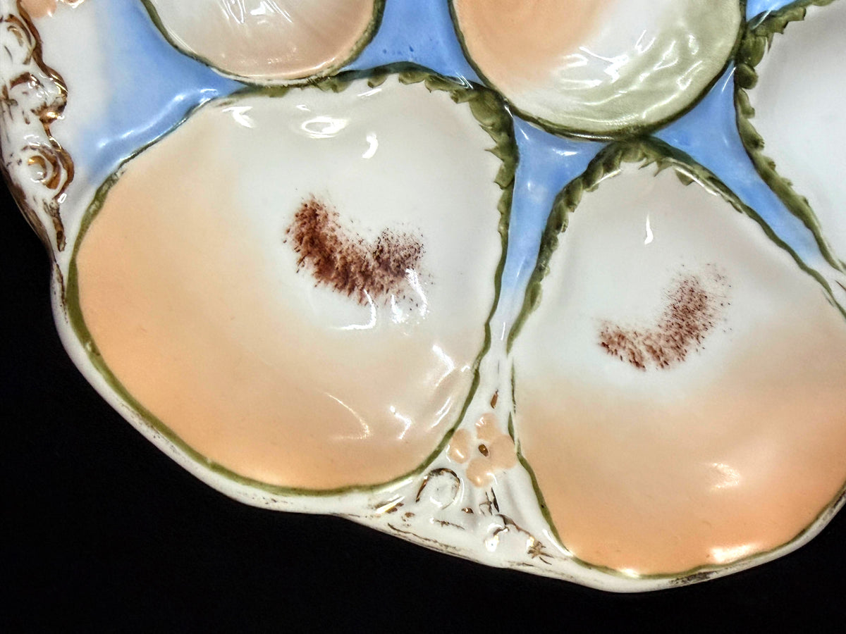 Antique Carl Tielsch CT Germany 6-Well Oyster Plate Peach Blue 9.5" Mint A1245