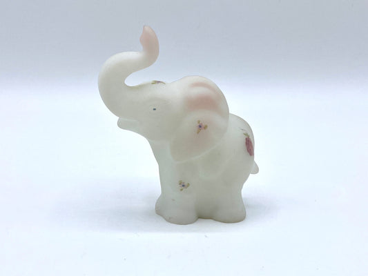 Signed Fenton White Satin glass HP flower standing elephant S Kirby