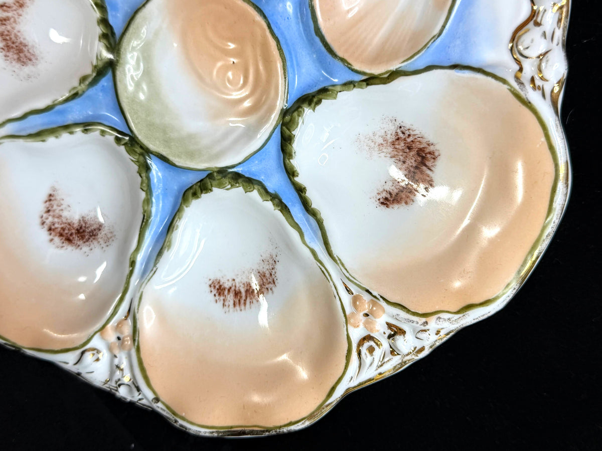 Antique Carl Tielsch CT Germany 6-Well Oyster Plate Peach Blue 9.5" Mint A1245