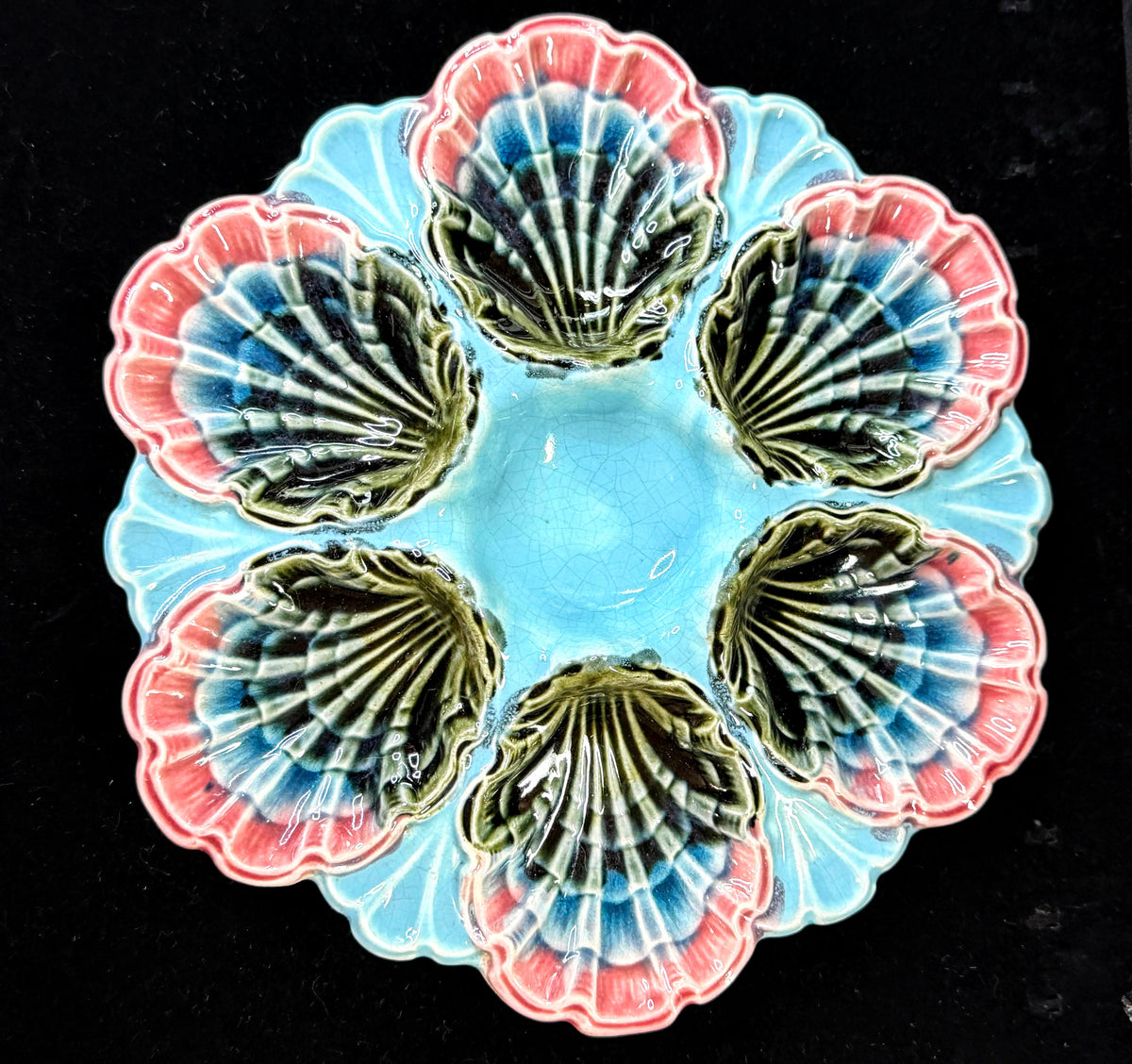 Antique French Fives-Lille Majolica Oyster Plate Turquoise Pink c1890 A1246