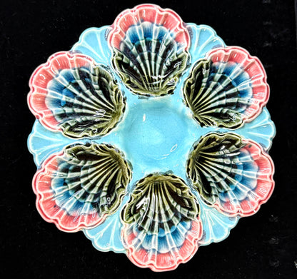 Antique French Fives-Lille Majolica Oyster Plate Turquoise Pink c1890 A1246