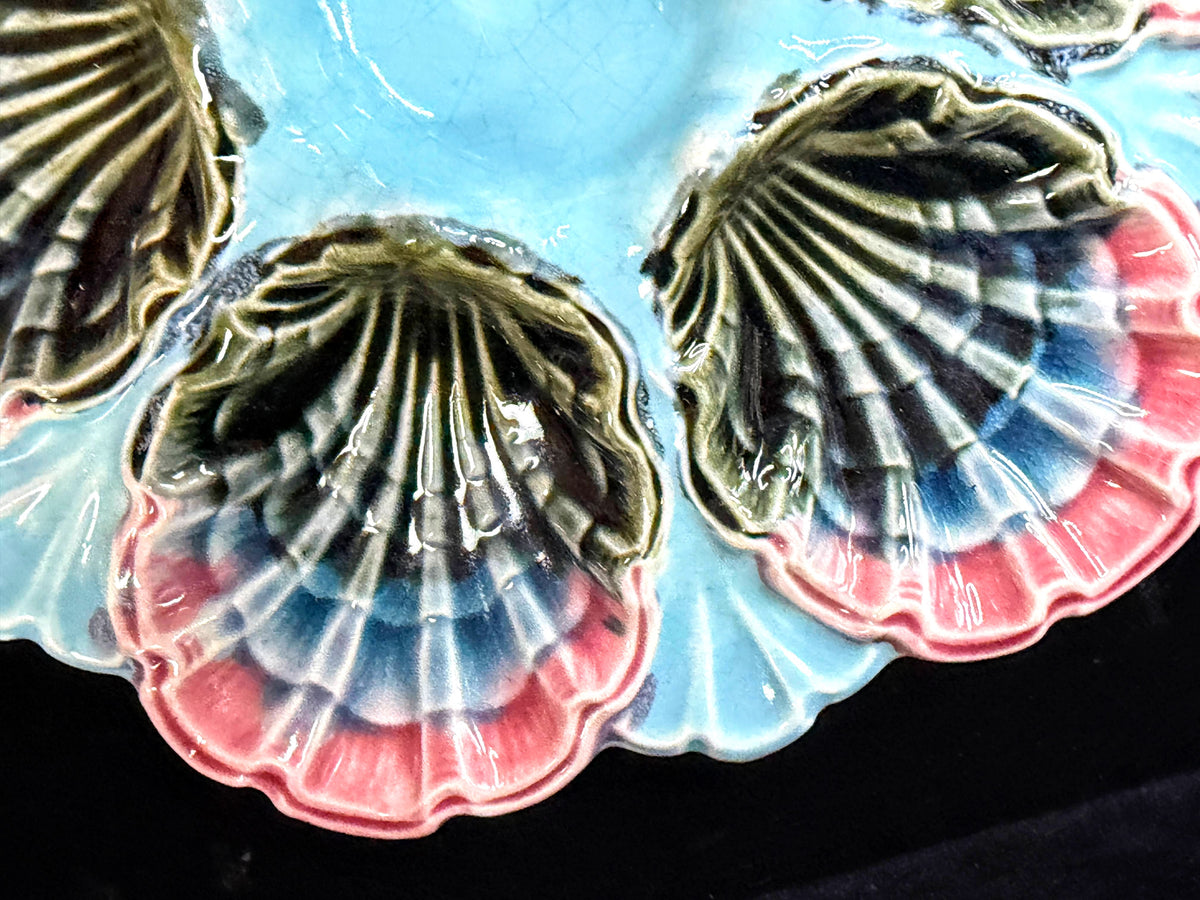 Antique French Fives-Lille Majolica Oyster Plate Turquoise Pink c1890 A1246