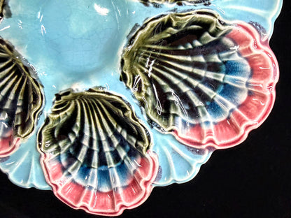 Antique French Fives-Lille Majolica Oyster Plate Turquoise Pink c1890 A1246