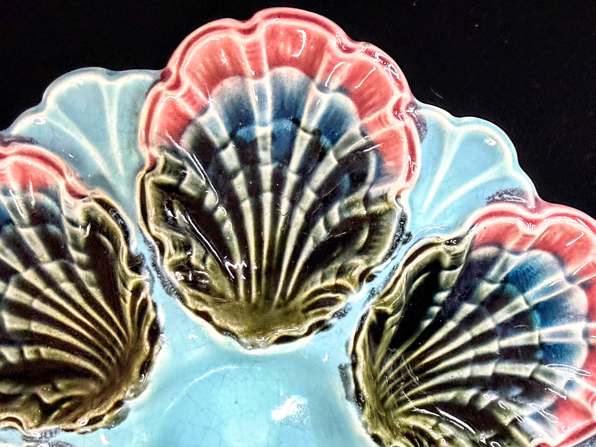Antique French Fives-Lille Majolica Oyster Plate Turquoise Pink c1890 A1246