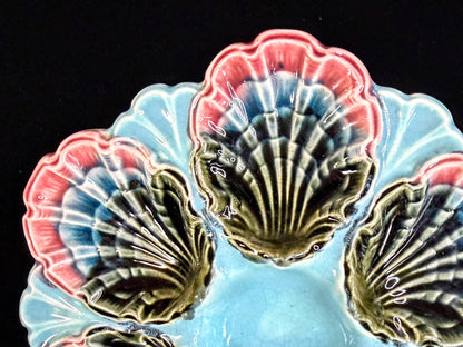 Antique French Fives-Lille Majolica Oyster Plate Turquoise Pink c1890 A1246