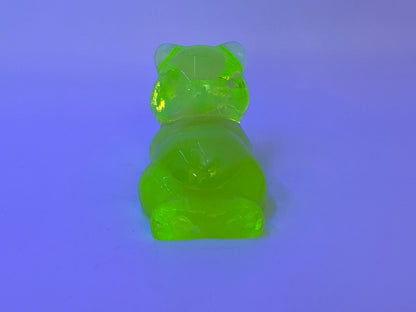 Fenton Vaseline Glass Daydreaming Bear Cub Yellow Opalescent Uranium Glass