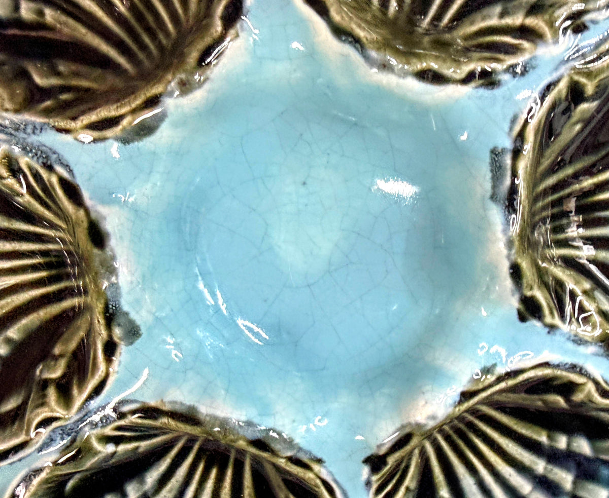Antique French Fives-Lille Majolica Oyster Plate Turquoise Pink c1890 A1246
